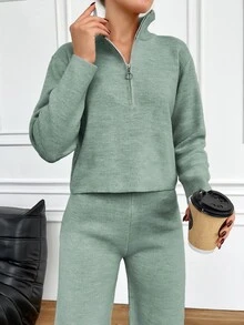 EURMUSE 2pcs Women Sweater Set: Solid Color Zipper Top And Long Pants Home Sage Green Autumn Casual - Mint Green - View 5
