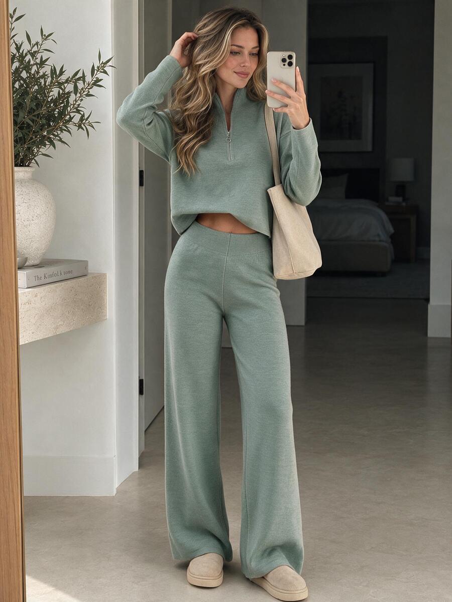 EURMUSE 2pcs Women Sweater Set: Solid Color Zipper Top And Long Pants Home Sage Green Autumn Casual - Mint Green - View 1