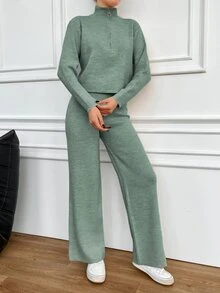 EURMUSE 2pcs Women Sweater Set: Solid Color Zipper Top And Long Pants Home Sage Green Autumn Casual - Mint Green - View 7