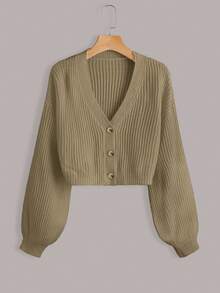EURMUSE White Lantern Sleeve Button Front Rib Knit Cardigan - Camel - View 3