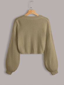 EURMUSE White Lantern Sleeve Button Front Rib Knit Cardigan - Camel - View 2