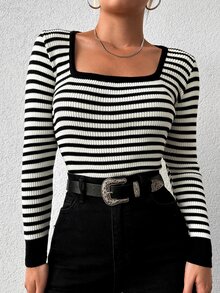 EURMUSE Striped Print Square Neck Tee - Black and White - View 5