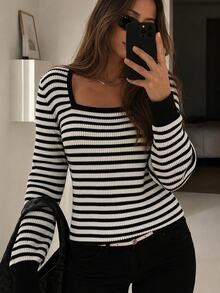EURMUSE Striped Print Square Neck Tee - Black and White - View 3