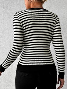 EURMUSE Striped Print Square Neck Tee - Black and White - View 2