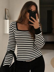 EURMUSE Striped Print Square Neck Tee - Black and White - View 1