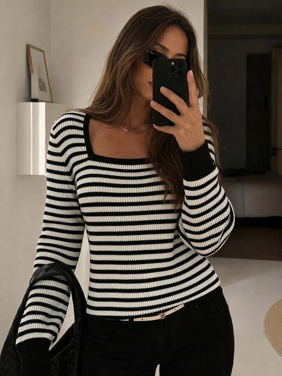 EURMUSE Striped Print Square Neck Tee - Black and White - View 1