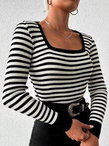 EURMUSE Striped Print Square Neck Tee - Black and White - View 6