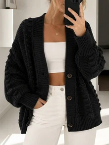 SHEIN Women's Solid Color Dropped Shoulder Long Sleeve Loose Cardigan, Casual For Fall/ Office Black - Black - View 2