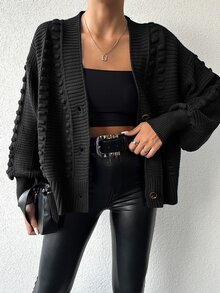 SHEIN Women's Solid Color Dropped Shoulder Long Sleeve Loose Cardigan, Casual For Fall/ Office Black - Black - View 4