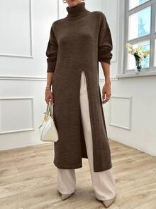 EURMUSE Women Solid Color High Neck Long Sweater With High Split - Brown - View 8