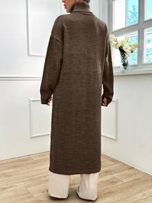 EURMUSE Women Solid Color High Neck Long Sweater With High Split - Brown - View 4