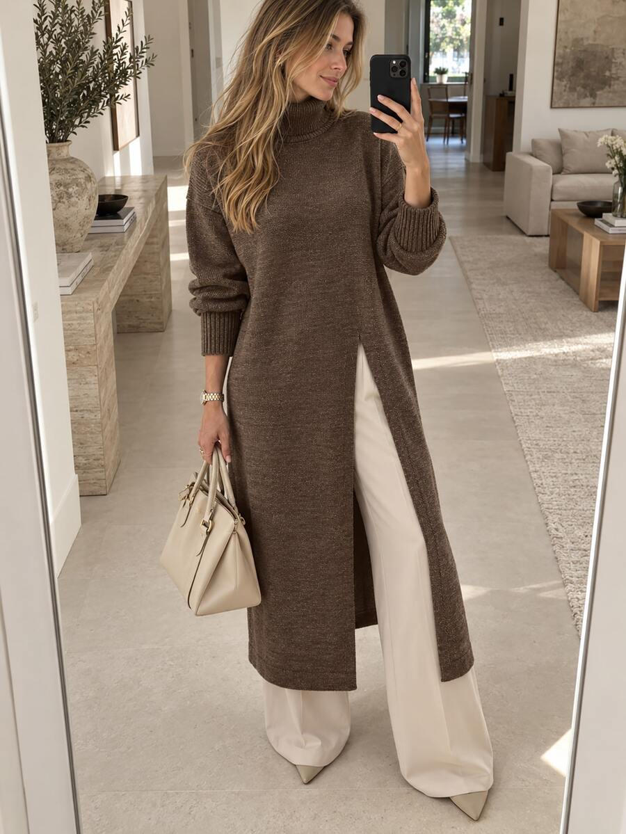 EURMUSE Women Solid Color High Neck Long Sweater With High Split - Brown - View 1
