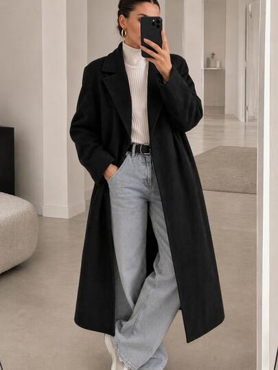 EURMUSE Lapel Neck Double Breasted Slant Pocket Waist Belt Tie-Up Woolen Overcoat