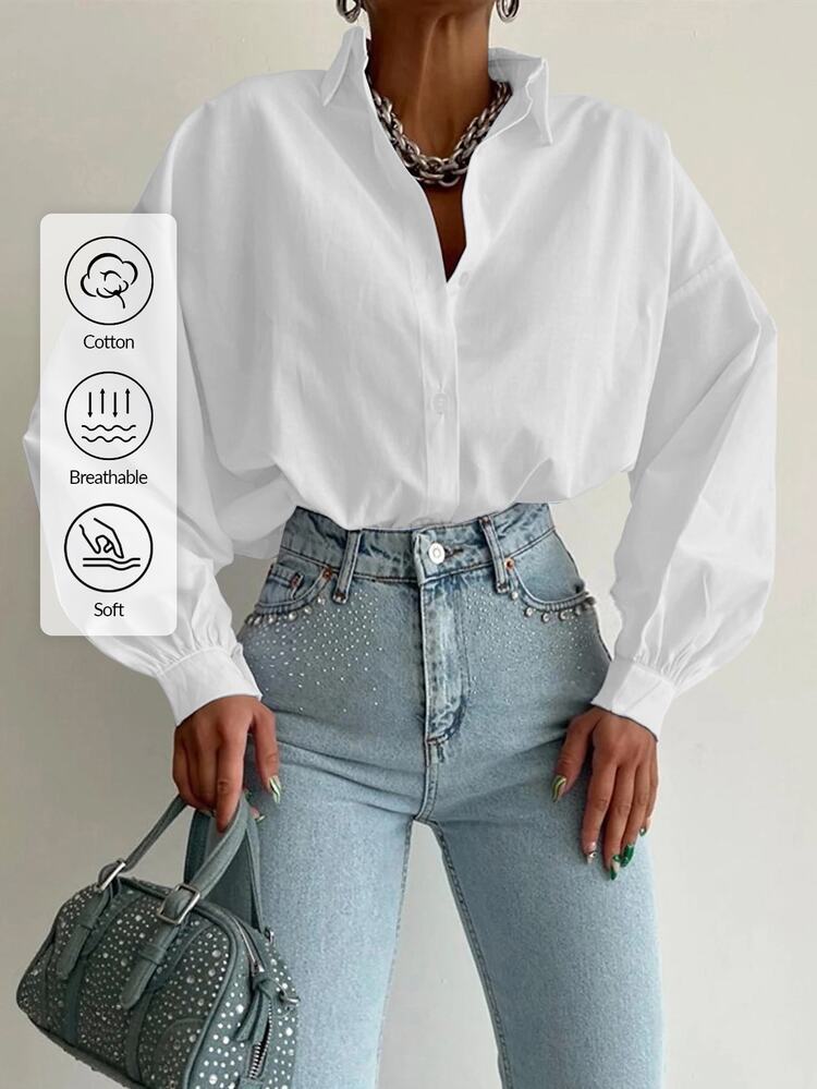 EURMUSE Cotton Solid Drop Shoulder Oversized Shirt - White - View 3