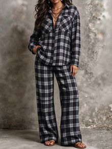 Linhara CURVE Plus Size Women's Casual Check Shirt And Pants Autumn Set Fall - Black and White - View 5