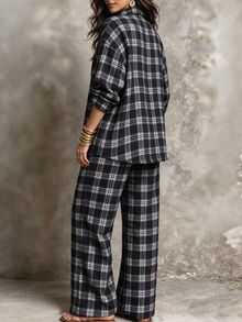 Linhara CURVE Plus Size Women's Casual Check Shirt And Pants Autumn Set Fall - Black and White - View 2