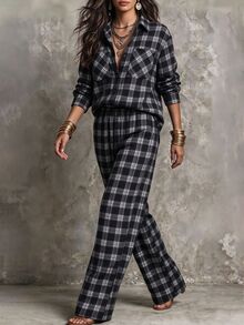 Linhara CURVE Plus Size Women's Casual Check Shirt And Pants Autumn Set Fall - Black and White - View 6