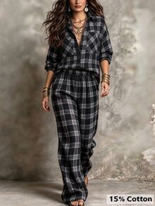 Linhara CURVE Plus Size Women's Casual Check Shirt And Pants Autumn Set Fall - Black and White - View 3