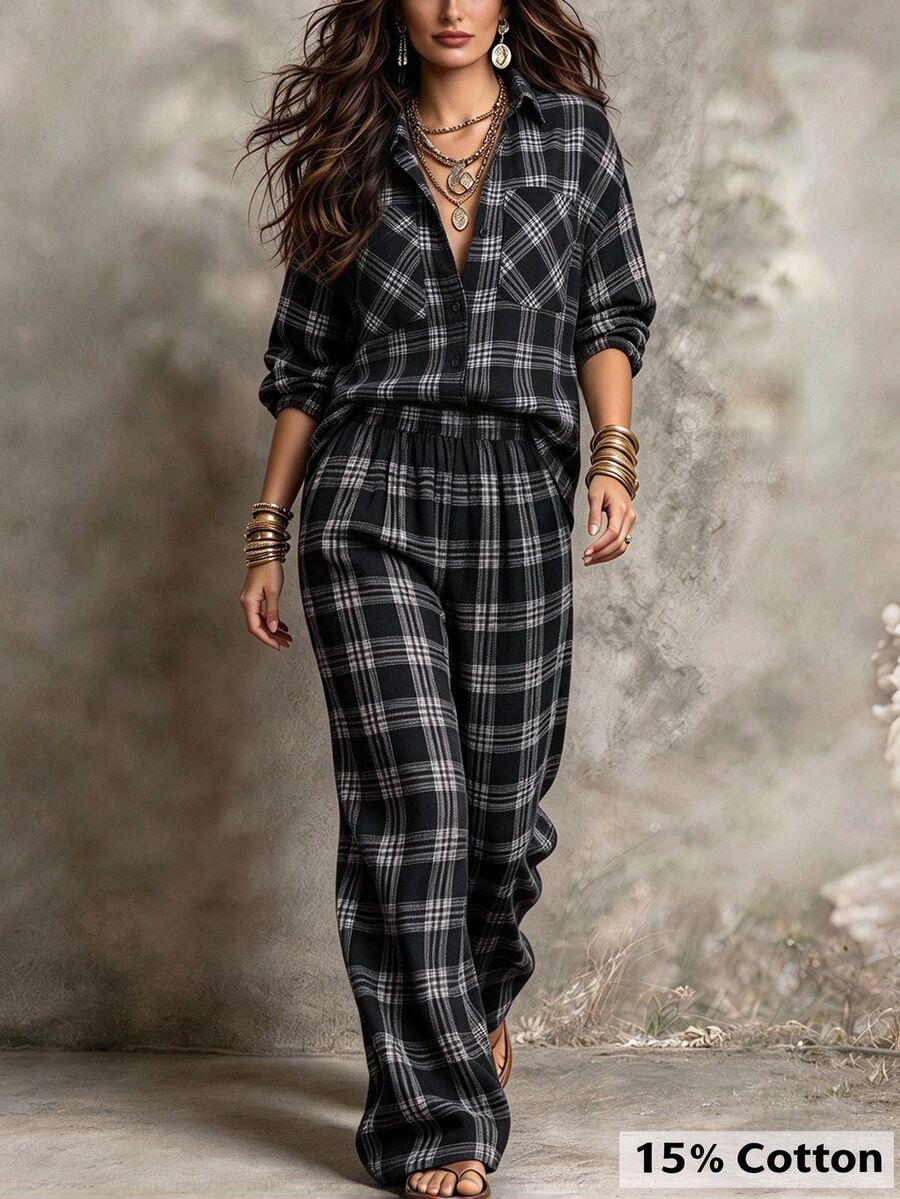Linhara CURVE Plus Size Women's Casual Check Shirt And Pants Autumn Set Fall - Black and White - View 1