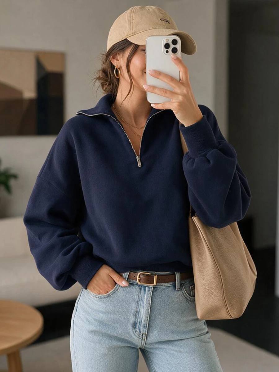 EURMUSE 100% Cotton Collar With Zipper Pattern Oversize Sweatshirt - Navy Blue - View 1