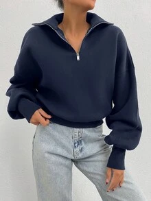 EURMUSE 100% Cotton Collar With Zipper Pattern Oversize Sweatshirt - Navy Blue - View 8