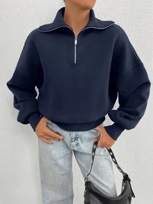 EURMUSE 100% Cotton Collar With Zipper Pattern Oversize Sweatshirt - Navy Blue - View 7