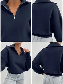 EURMUSE 100% Cotton Collar With Zipper Pattern Oversize Sweatshirt - Navy Blue - View 9