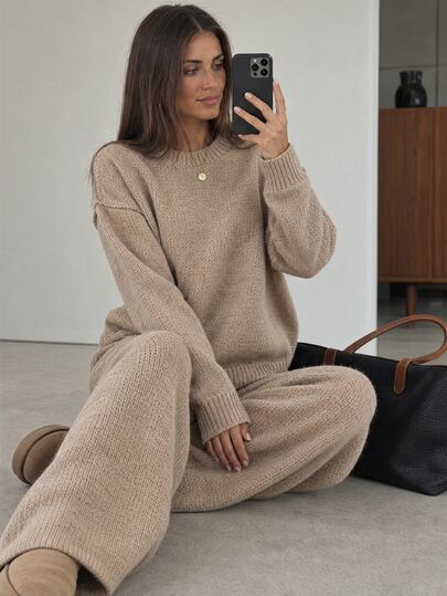 EURMUSE Women Round Neck Rib Knitted Sweater And Pant 2pcs Sets Co-Ord Knit Two Piece Set Comfortable Khaki Lounge Set Fall Clothes Casual Everyday Travel