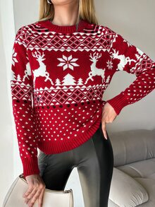 EURMUSE Christmas Pattern Round Neck Sweater - Red - View 6