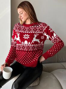 EURMUSE Christmas Pattern Round Neck Sweater - Red - View 3