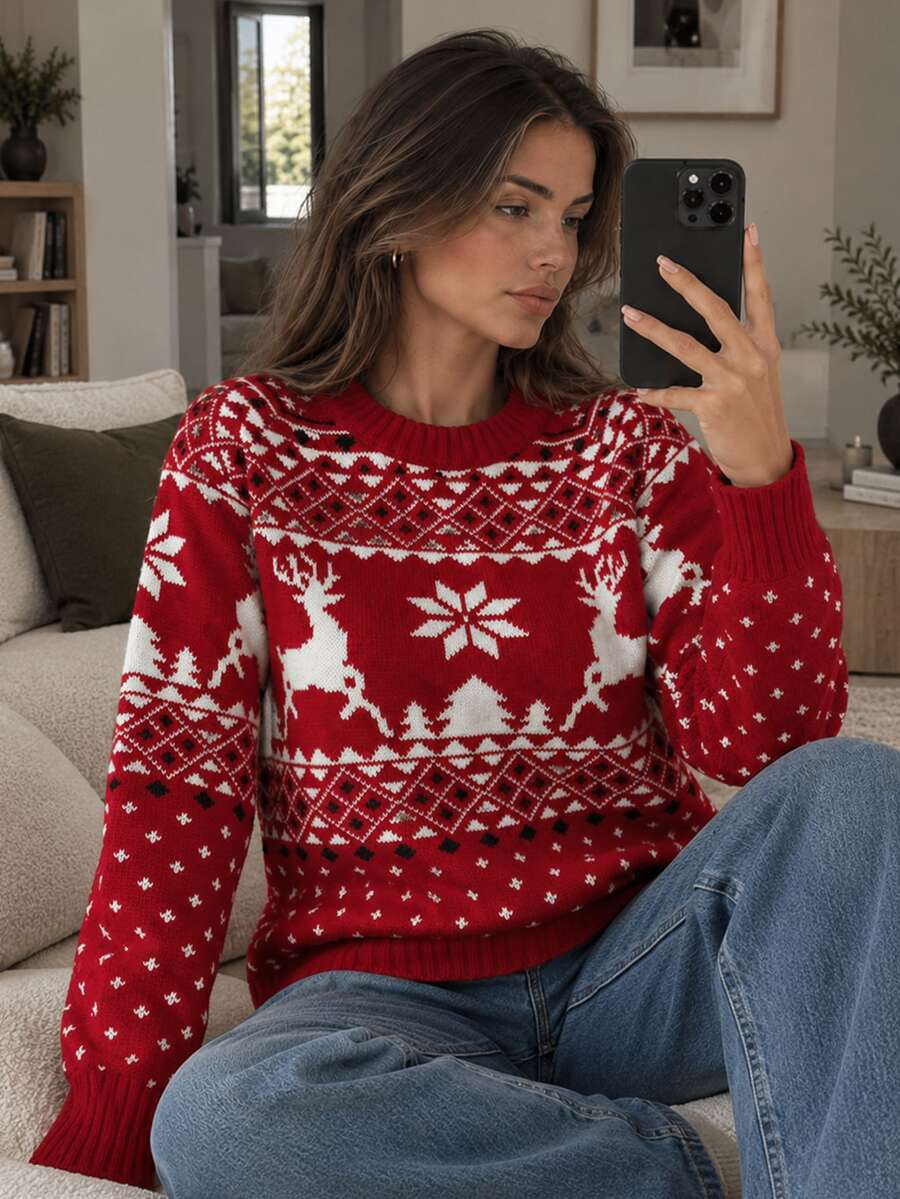 EURMUSE Christmas Pattern Round Neck Sweater - Red - View 1