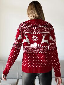 EURMUSE Christmas Pattern Round Neck Sweater - Red - View 2