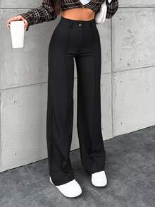 EURMUSE Women's Solid Color Simple Daily Business Pants - Black - View 3