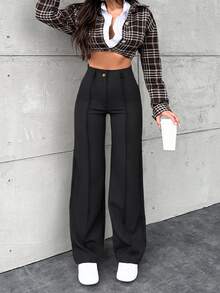EURMUSE Women's Solid Color Simple Daily Business Pants - Black - View 5