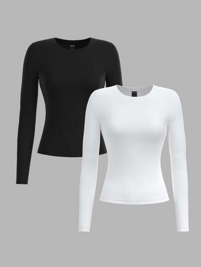 SHEIN Tall عبوة من 2 تي شيرت نسائي بلون موحد بياقة طاقم وأكمام طويلة كاجوال متعدد الاستخدامات
