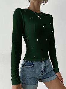 EURMUSE Women's Heart Embroidery Round Neck Ribbed T-shirt - Dark Green - View 5