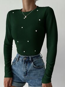 EURMUSE Women's Heart Embroidery Round Neck Ribbed T-shirt - Dark Green - View 4