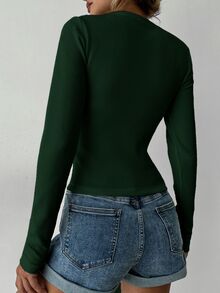EURMUSE Women's Heart Embroidery Round Neck Ribbed T-shirt - Dark Green - View 2