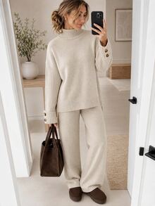 EURMUSE Mock Neck Knitted Pullover Hunky Knit Tunic Sweater Set Lounge Beige Fall Casual Oatmeal - Mocha Brown - View 2