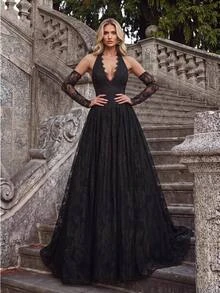 Glamrae Black Halter Deep V-Neck Lace A-Line Puff Long Dress, Backless Sleeveless Formal Evening Gown, Suitable For Prom, Evening Party, Wedding And Party - Black - View 2