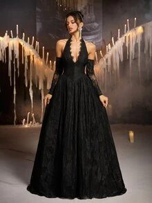 Glamrae Black Halter Deep V-Neck Lace A-Line Puff Long Dress, Backless Sleeveless Formal Evening Gown, Suitable For Prom, Evening Party, Wedding And Party - Black - View 7