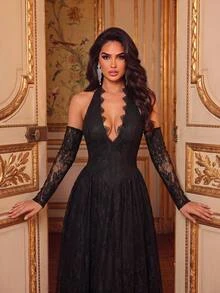 Glamrae Black Halter Deep V-Neck Lace A-Line Puff Long Dress, Backless Sleeveless Formal Evening Gown, Suitable For Prom, Evening Party, Wedding And Party - Black - View 10