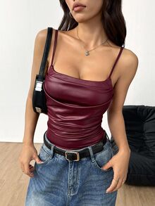 SHEIN Raffinéa Camiseta de tirantes de espagueti de licra en color burdeos, de estirado alto y diseño minimalista y sexy - Burdeos - Ver 8