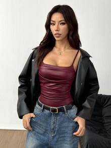 SHEIN Raffinéa Camiseta de tirantes de espagueti de licra en color burdeos, de estirado alto y diseño minimalista y sexy - Burdeos - Ver 9
