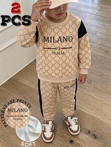 SHEIN Street Fashion Casual Horse Logo Striped Print Crew Neck Sweatshirt & Matching Print Long Pants Set, Suitable For Autumn/Winter Outings And Leisure Wear - Multicolor - View 1