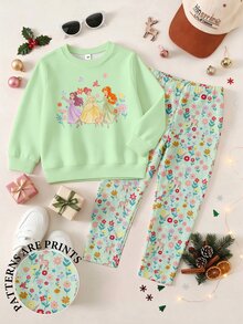 SHEIN 2 PCS Set Young Girls Princess Floral Deer Graphic Sweatshirt & Print Leggings, Sweet Casual Mint Green Autumn Winter Clothes - Multicolor - View 5