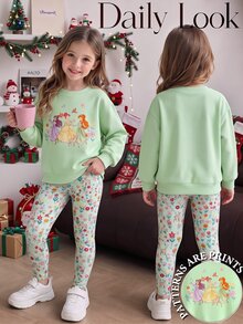 SHEIN 2 PCS Set Young Girls Princess Floral Deer Graphic Sweatshirt & Print Leggings, Sweet Casual Mint Green Autumn Winter Clothes - Multicolor - View 1