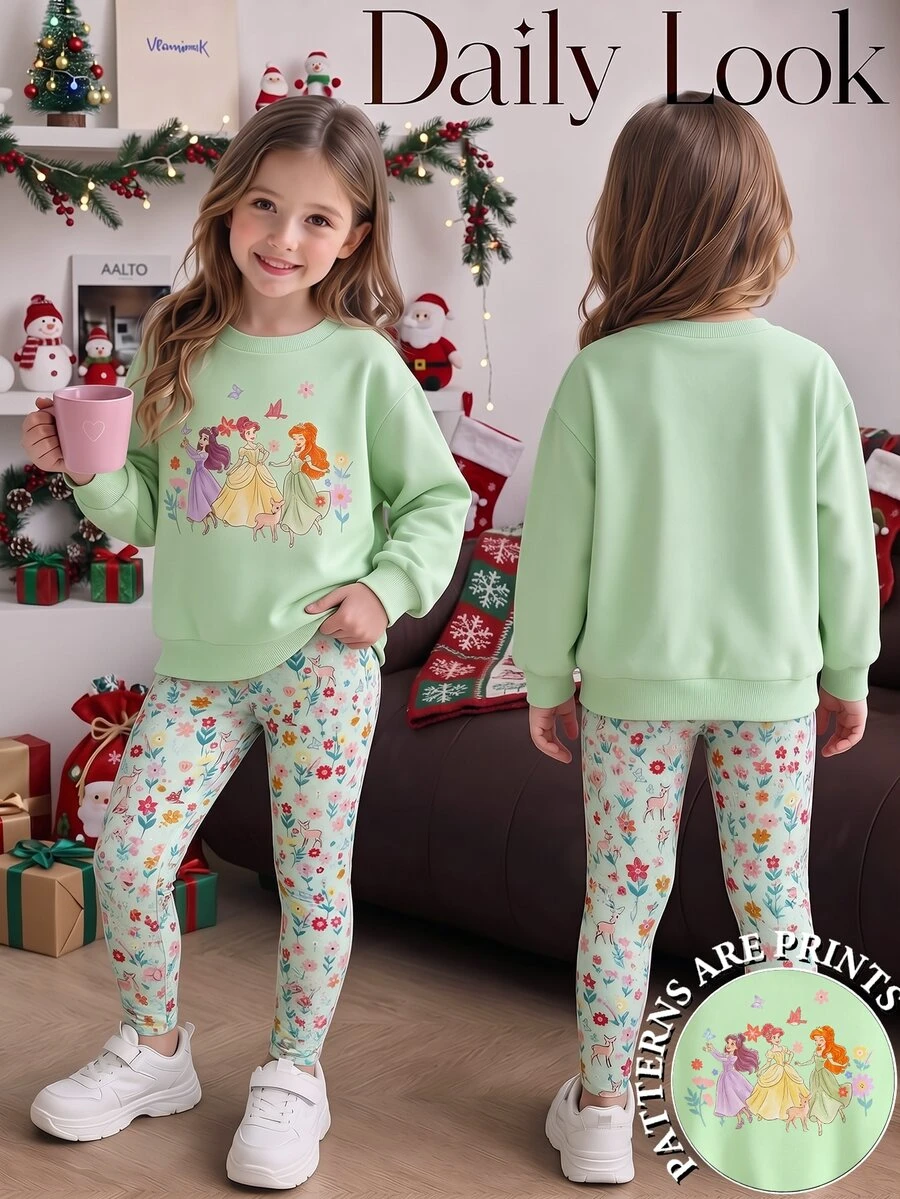 SHEIN 2 PCS Set Young Girls Princess Floral Deer Graphic Sweatshirt & Print Leggings, Sweet Casual Mint Green Autumn Winter Clothes - Multicolor - View 1