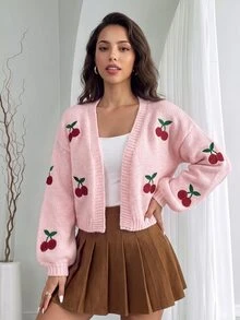 SHEIN Raffinéa 樱桃刺绣灯笼袖长袖开衫，女士春秋休闲刺绣主教袖超大号淡粉色水果蔬菜女士开衫，休闲日常穿着 - 淺粉色 - 查看 1