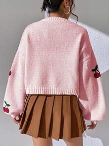SHEIN Raffinéa 樱桃刺绣灯笼袖长袖开衫，女士春秋休闲刺绣主教袖超大号淡粉色水果蔬菜女士开衫，休闲日常穿着 - 淺粉色 - 查看 2